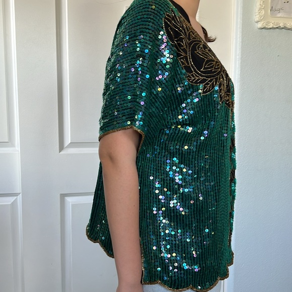 Vtg 90s floral EMERALD GREEN sequin beaded top shirt XL - Picture 4 of 11